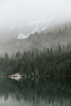 a lake surrounded by trees with snow on the mountains in the background and foggy skies