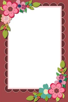 a square frame with pink flowers and green leaves on the edges, in front of a red background