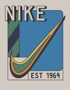 an old nike logo is shown on a white background with blue, yellow and green colors