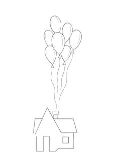 a house with balloons floating from it's roof in front of a white background