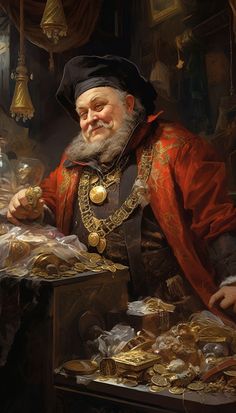 a painting of a man with a long beard and wearing a red coat holding a gold coin