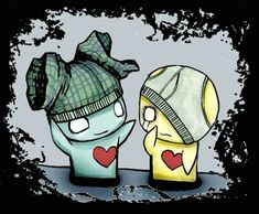 two cartoon characters wearing beanies and scarves, one is looking at the other