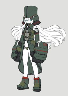 an anime character with long white hair and green boots, holding a backpack in her hand