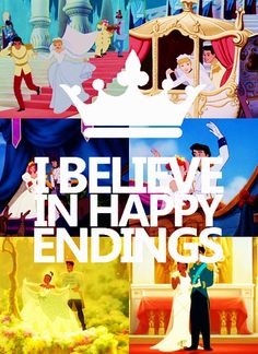 some disney princesses and their names are in different pictures with the caption i believe in happy endings