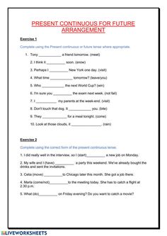 the present continuous tense worksheet is shown in red and white, with words that are