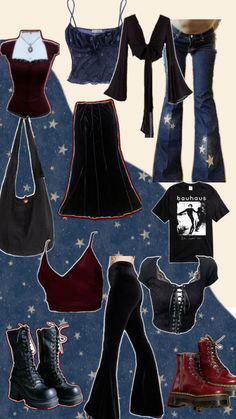 a collage of different outfits and shoes with stars in the sky behind them on a blue background