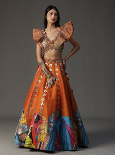 FFeaturing Modern Baraat Lehnga in Orange. Comes with a winged blouse and mirror scalloped dupatta Lining Material: Crepe 30 days Delivery Orange Cutdana Palazzo Set For Festivals, Orange Designer Palazzo Set For Navratri, Orange Semi-stitched Palazzo Set For Navratri, Orange Resham Embroidered Palazzo Set For Festivals, Navratri Orange Palazzo Set With Gota Work, Orange Palazzo Set With Gota Work For Navratri, Orange Chanderi Palazzo Set For Festivals, Traditional Drape Orange Palazzo Set For Festivals, Orange Palazzo Set For Wedding And Festivals