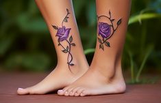 two women with tattoos on their legs and one has a purple rose tattooed on her leg