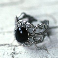 Filigree Ring  Black Onyx Stone in Silver 10x8mm by ragtrader, $17.00 Vintage Oxidized Black Jewelry, Black Vintage Oxidized Jewelry, Vintage Oxidized Filigree Ring Gift, Black Oxidized Metal Rings, Vintage Black Filigree Rings, Adjustable Silver Vintage Filigree Ring, Vintage Black Rings For Jewelry Making, Vintage Metal Rings With Intricate Design, Vintage Black Nickel-free Rings