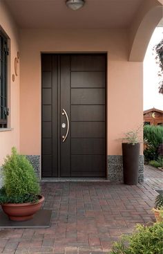 the front door to a home with potted plants