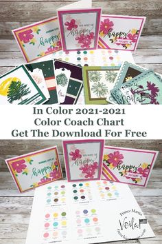 the color coach chart is displayed on top of a wooden table with flowers and cards