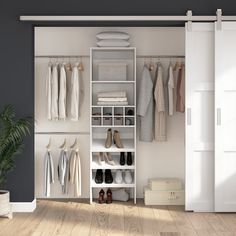 a white closet with shoes and clothes hanging on the wall next to a potted plant