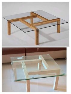 two different views of a coffee table with glass top and wood frame, one showing the bottom