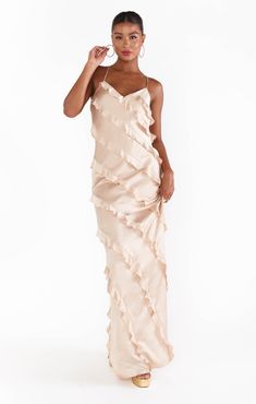 Check out Romance Ruffle Dress. Get $10 off + free shipping with Club Mumu. Champagne Dresses Long, Champagne Pink Dress, Beige Prom Dresses, Champagne Maxi Dress, Beige Bridesmaid Dress, Metallic Bridesmaid Dresses, Cream Bridesmaid Dresses, Rustic Bridesmaid Dresses, Beige Bridesmaids