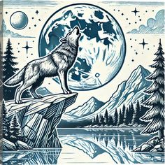 a wolf standing on top of a rock in front of a lake and mountains with the moon