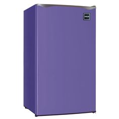 a purple refrigerator freezer sitting on top of a white wall