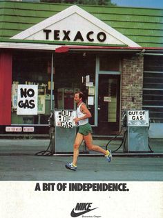 This 1979 Nike print ad, created by John Brown and Partners, leverages the oil crisis's fuel shortages. Featuring a runner in front of an "OUT OF GAS" Texaco station, it promotes running as an independent, fuel-free alternative to driving, encapsulated by the tagline "A BIT OF INDEPENDENCE." Follow for more vintage, classic Nike ads. #nike #poster #nikeposter #vintage #retro #sneakers #motivation #running #art #hiking Out Of Gas, Shoes Print, John Brown, Runners High, Cross Country Running, Running Club