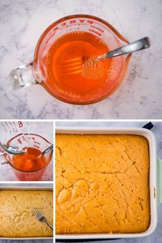 four photos showing how to make an orange cake in a pan and then adding the batter