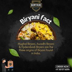 an advertisement for biyani fact on the side of a black background with green leaves