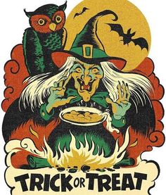 an image of a trick or treat sign with witches and owls on it's back