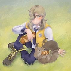 a painting of a person sitting in the grass with stuffed animals