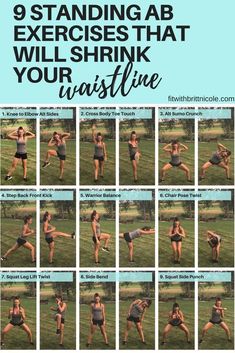 a woman doing yoga poses with the words 9 standing ab exercises that will shrink your waistline