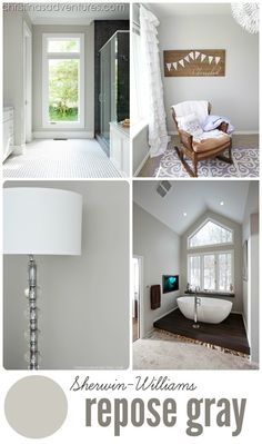 there are pictures of the interior of a house with white walls and gray flooring