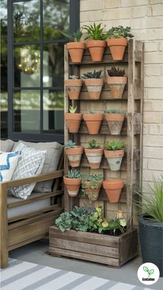 an outdoor plant stand with potted plants on it