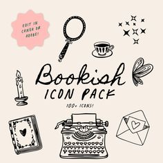 the bookish icon pack includes an old typewriter and other items