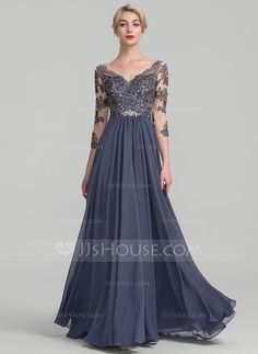 [£ 121.00] A-Line/Princess V-neck Floor-Length Chiffon Lace Evening Dress (017131491) Blue Dress Sleeves, Stormy Blue, Dress Sleeves, Mother Of The Bride Gown, Bride Groom Dress