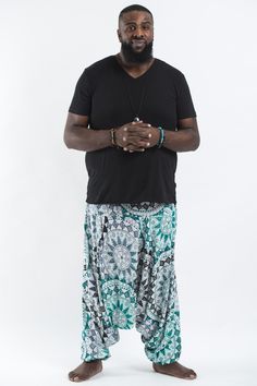 Plus Size Star Mandalas Drop Crotch Men's Harem Pants in Green Rayon Fabric, Enjoy Life, Low Cut, Lace Skirt