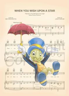 a cartoon character holding an umbrella above music sheet with the words when you wish upon a star