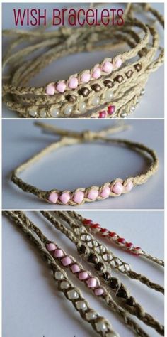 three different types of bracelets with pink beads