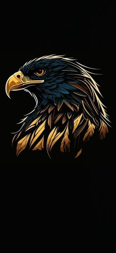 an eagle is shown in the dark with gold and blue feathers on it's head