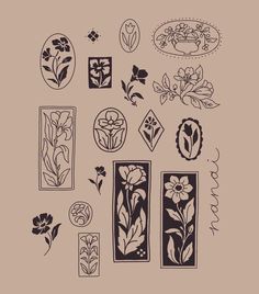 an assortment of flower designs on a brown background