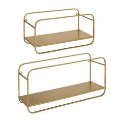 two gold metal shelfs with shelves on each side and measurements for each shelf in the same area