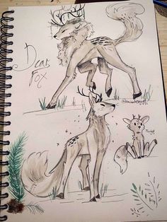 a drawing of two deer and a fox