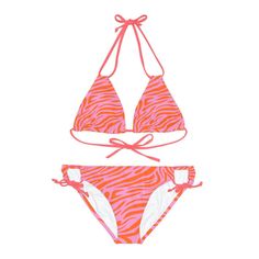 Zebra Bikini Neon Pink and Orange, triangle strappy bikini set side tie, removable padding, assembled in USA. Made with 4-way stretch Tricot (82% Microfiber, 18% Spandex), this strappy bikini set is the perfect companion to all summer escapades. Adjustable elastic straps for a perfect fit. Trendy and vibrant neon print fits just perfect into your summer plans! - Material: 82% microfiber polyester, 18% spandex - Medium fabric (7.5 oz /yd² (250 g/m - Two piece swimsuit - Adjustable elastic straps Beachwear Triangle Swimwear With Adjustable Straps, Pool Swimwear With Tie-side Bottom And Straps, Tie-side Bottom Swimwear With Straps For Pool, Adjustable String Tie Swimwear For Swimming, Adjustable Strappy Swimwear For Beach, Pink Triangle Top Swimwear With Straps, Beach Season Swimwear With Straps And Tie-side Bottom, Adjustable Strappy Swimwear For Sunbathing, Triangle Swimwear With Adjustable Straps For Beach Season