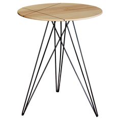 a round wooden table with metal legs and a wood top on an isolated white background