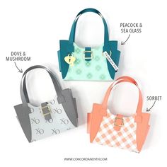 three different purses are shown with the names and description on each handbag, including one