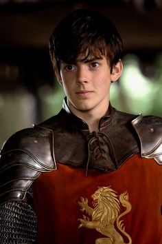 a young man dressed in armor and holding a shield with a lion emblem on it