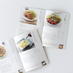 three brochures with pictures of food on them