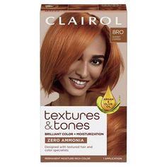 Clairol Textures & Tones Hair Dye Ammonia-Free Permanent Hair Color, 8RO Sunset Copper BRILLIANT COLOR + MOISTURIZED HAIR. With Zero Ammonia, Argan and Olive oil, Textures & Tones gives you moisture-rich color that is key for maintaining curl definition and shine. Our Intensive Moisturizing Mask helps detangle and strenghten hair, for instant softness. Designed with textured hair and color specialists to create a system optimized to pamper textured hair types- natural or relaxed. Size: 1 Applica Copper Temporary Hair Color, Best Copper Red Hair Dye, Cooper Hair Color Box Dye, Orange Hair Dye Box, Temporary Copper Hair Dye, Mocha Brown Hair Color, Copper Hair Dye, Mocha Brown Hair, Clairol Hair Color