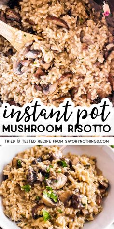 instant pot mushroom risotto in a white bowl with a wooden spoon on the side