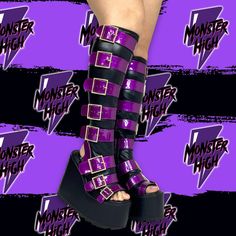 Monster High Shoes, Goth Shoes, Gothic Shoes, Dr Shoes, 6 Inch Heels, Scene Outfits, Pastel Goth Fashion, Purple Metallic, Black Vegan