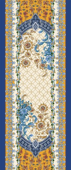 an intricately designed rug with blue, yellow and orange accents on it's border