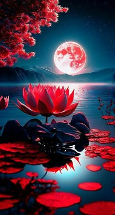 a red flower sitting on top of a lake under a full moon