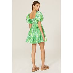 Green printed cotton (100% Cotton). Empire. Sweetheart neckline. Short sleeves. Pull-on. 30" from shoulder to hemline. Imported. College Outfit, St Pats, Rent The Runway, Palm Print, Closet Designs, Green Print, Babydoll Dress, Sweetheart Neckline, Printed Cotton