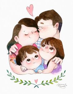 a watercolor painting of a family hugging and kissing each other with a heart shaped balloon in the background