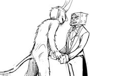 a drawing of two men shaking hands in front of a giant monkey with its mouth open